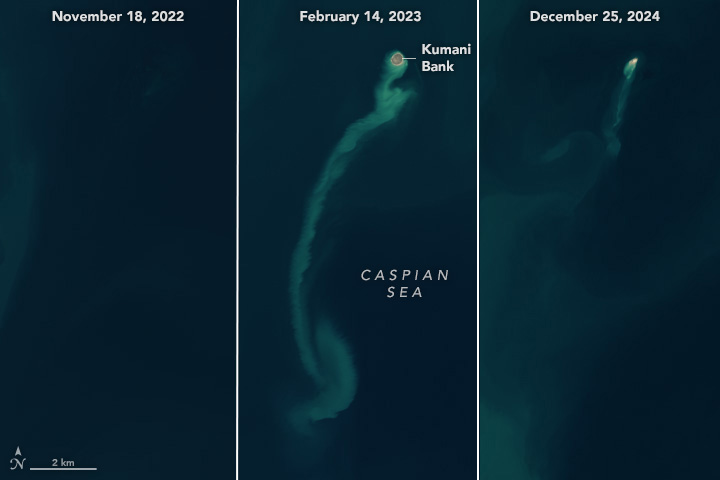 An image divided into three panels shows the same area of the Caspian Sea in November 2022 on the left, February 2023 in the center, and December 2024 on the right. The left image is featureless blue water. The center image shows a small island at the top with a tail of lighter-colored water stretching down from it. The right image shows a much smaller island and plume.