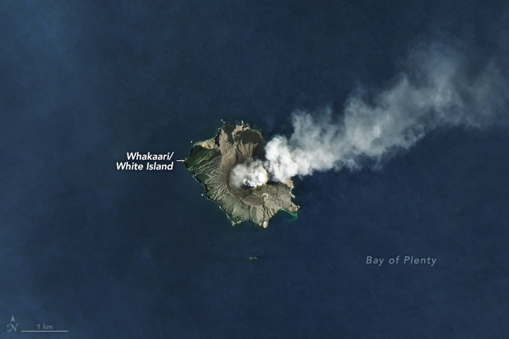 A satellite image shows a small volcanic island near New Zealand with a plume of white gas emanating from its crater and drifting east.