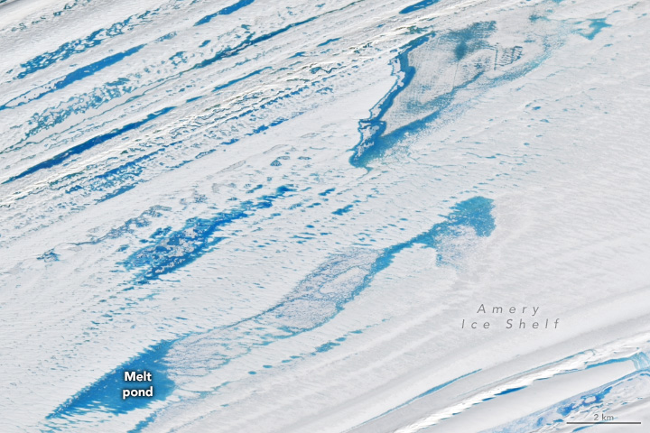 A close-up perspective of the white ice shelf filled with numerous blue melt ponds, which appear elongated from the lower-left to upper-right.