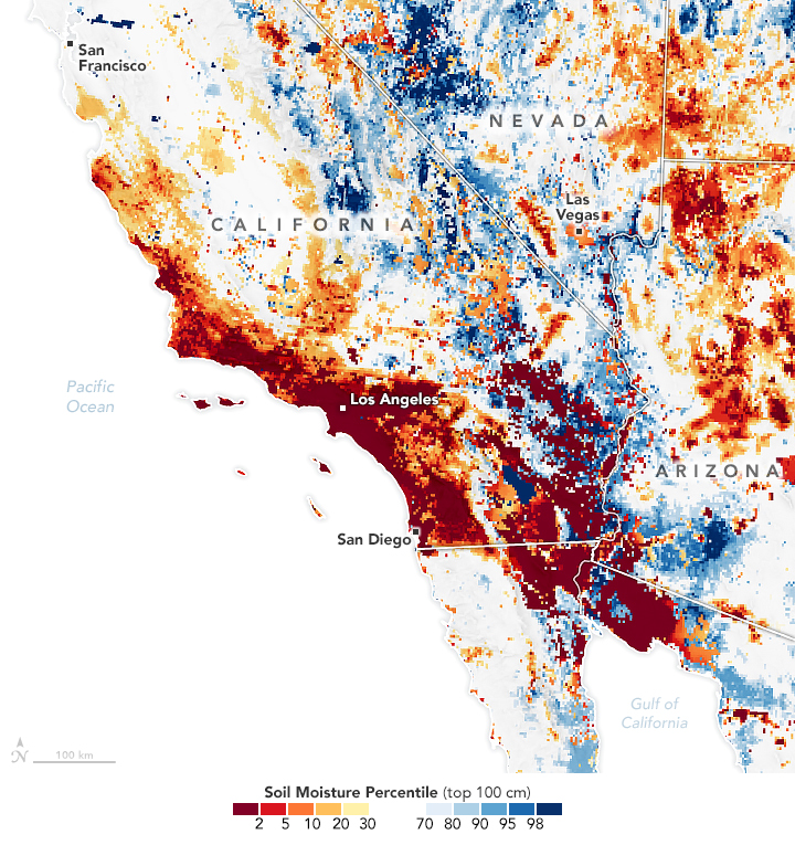 Map of soil moisture percentile in the top 40 inches (100 centimeters) on January 7, 2025, compared to the historical average. The Los Angeles area shows up as dark red on the map, indicating soil moisture was in the bottom 2 percent of historical moisture for that date.