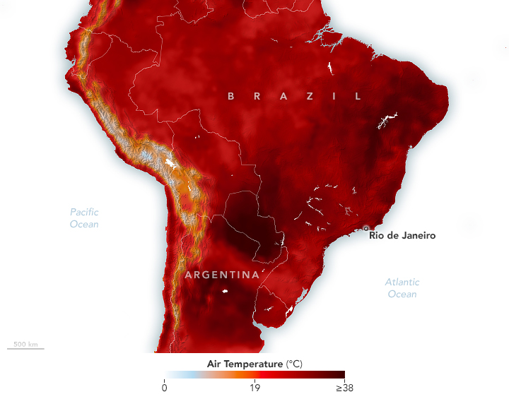 A map of South America is mostly red, indicating areas of high temperatures on February 17, 2025. Patches of dark red (the warmest) cover parts of Brazil and northern Argentina.