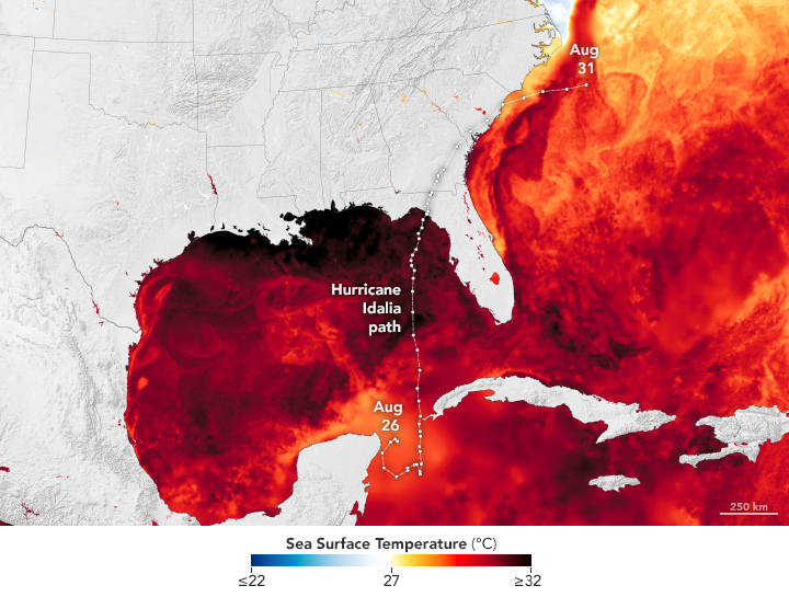 A map depicts sea surface temperatures in Gulf, Caribbean, and Atlantic waters in August 2023. Temperatures exceed 27 degrees Celsius across the map, with some of the hottest temperatures occurring in the northern Gulf. Hurricane Idalia’s path is also plotted.