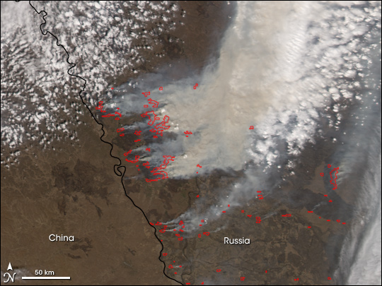 Fires in Russia and China near the Amur River