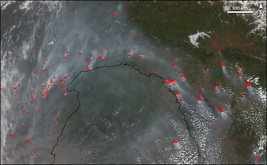 Fires in Russia and China near the Amur River