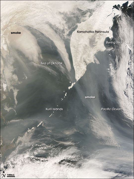 Smoke over the Kamchatka Peninsula and Northern Pacific