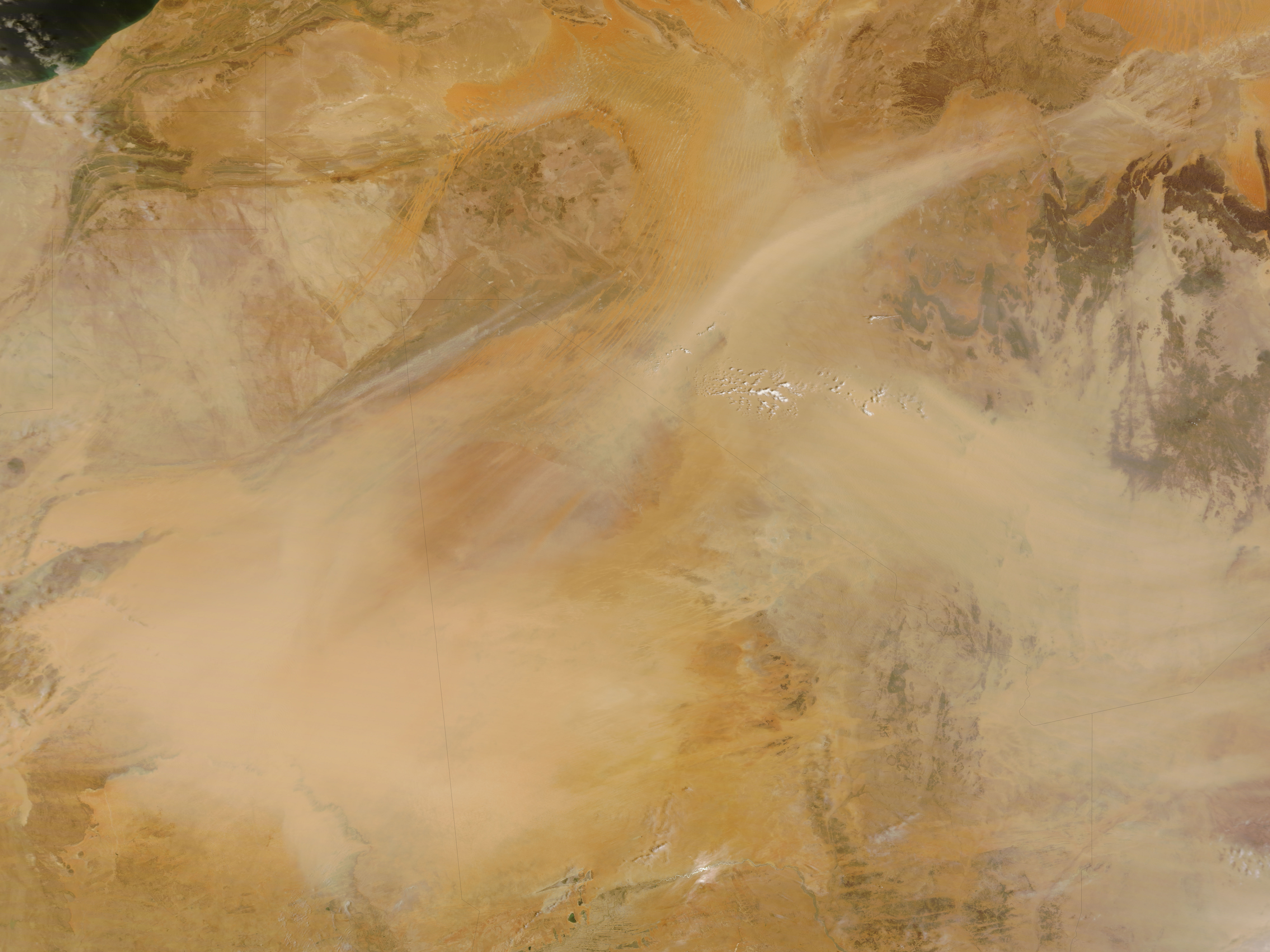 Tempêtede sable au Sah'ra repéré sur une image satellitaire récente.