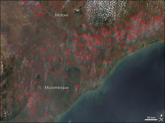Fires in Mozambique, Zimbabwe, and South Africa