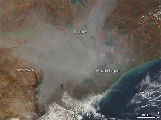 Fires in Mozambique, Zimbabwe, and South Africa