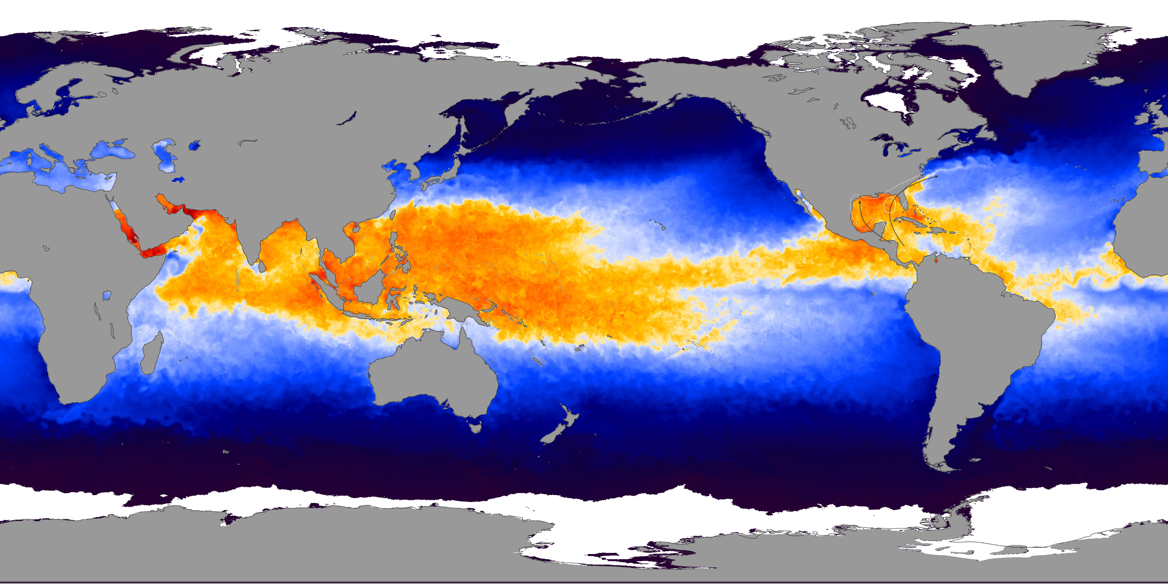 Atlantic Ocean Temperatures At End Of June 2009   Junetrack Sst 2009 182 Lrg 