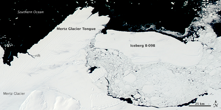 Collision Calves Iceberg from Mertz Glacier Tongue, Antarctica