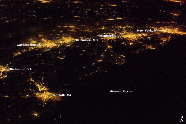 U.S. Atlantic Seaboard at Night