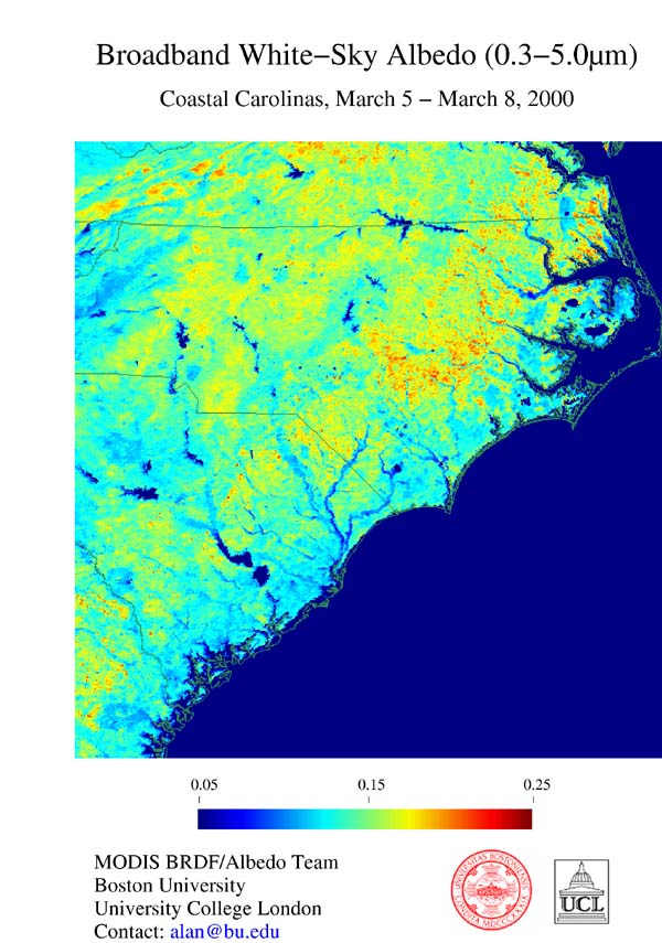 Broadband White-Sky Albedo (0.3 - 0.5 microns) - Coastal Carolinas, March 5 - March 8, 2000 - related image preview
