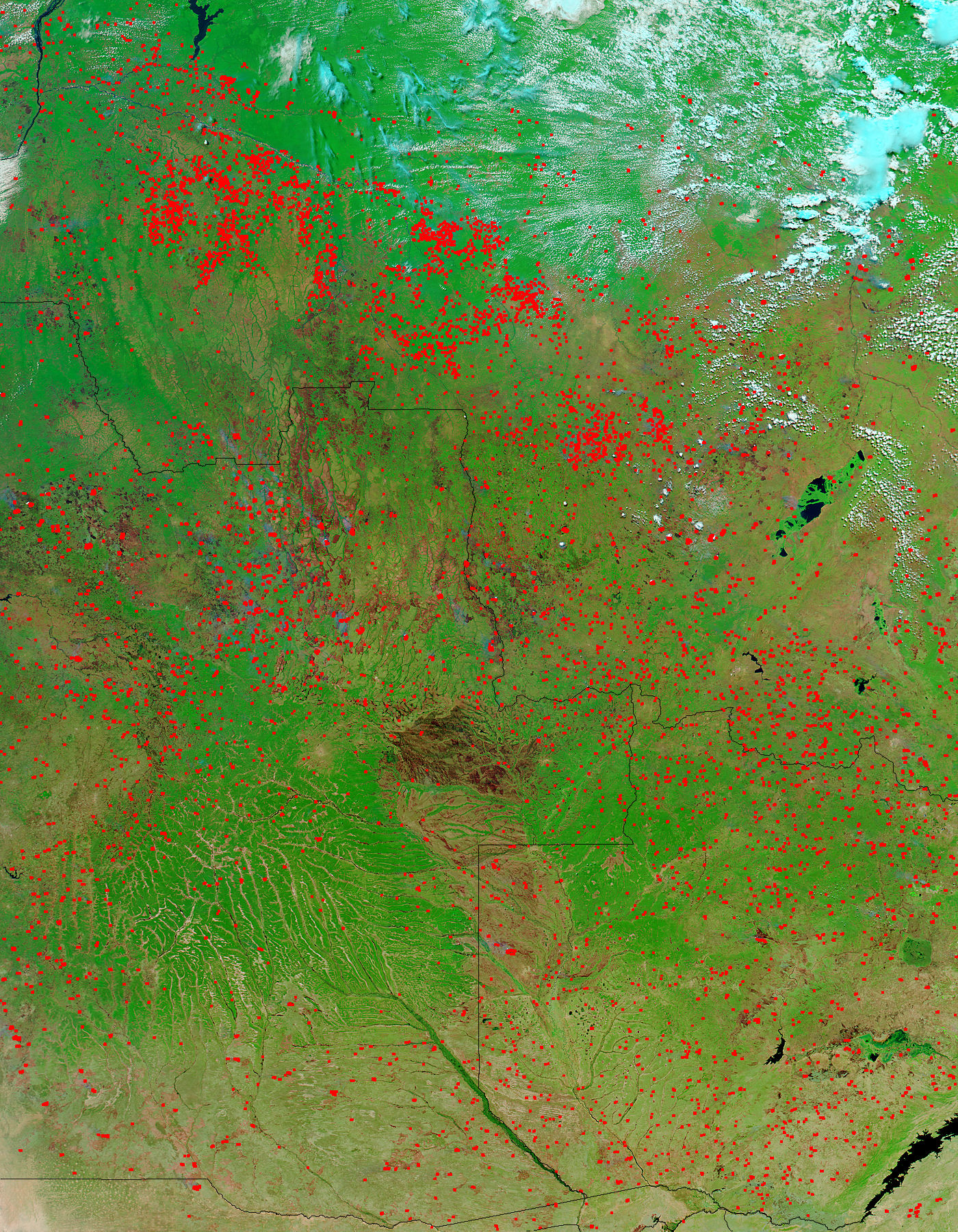 Fires and burn scars across South Central Africa (false color) - related image preview
