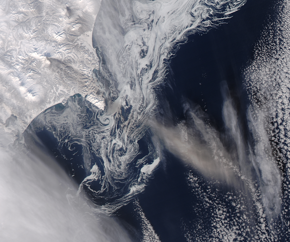 Ash Plume and Sea Ice Near Zhupanovsky  - related image preview