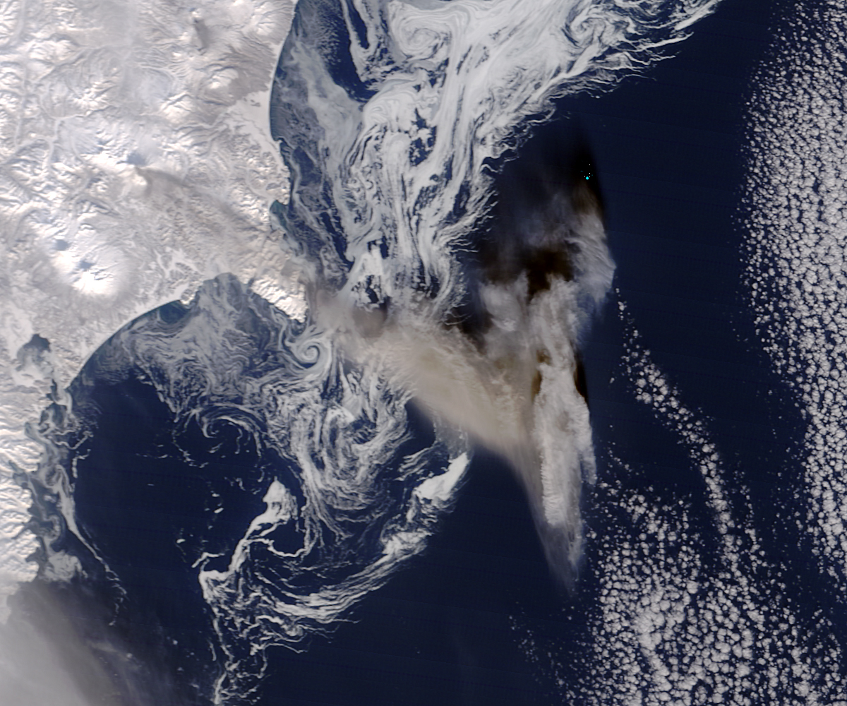 Ash Plume and Sea Ice Near Zhupanovsky  - related image preview