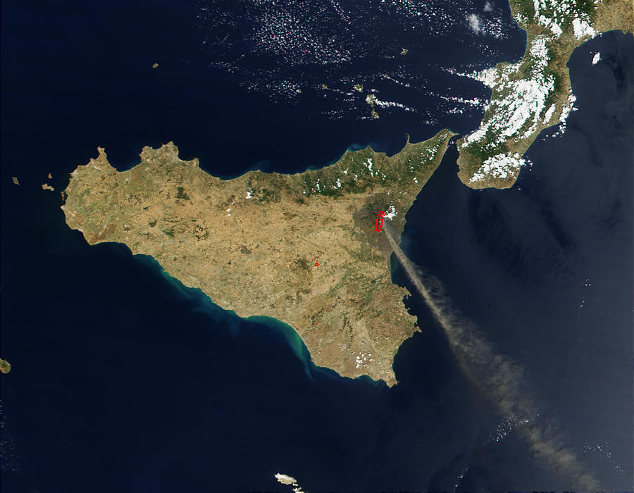 Ash plume and lava flow streaming from Mt. Etna in eruption in Sicily, Italy - related image preview