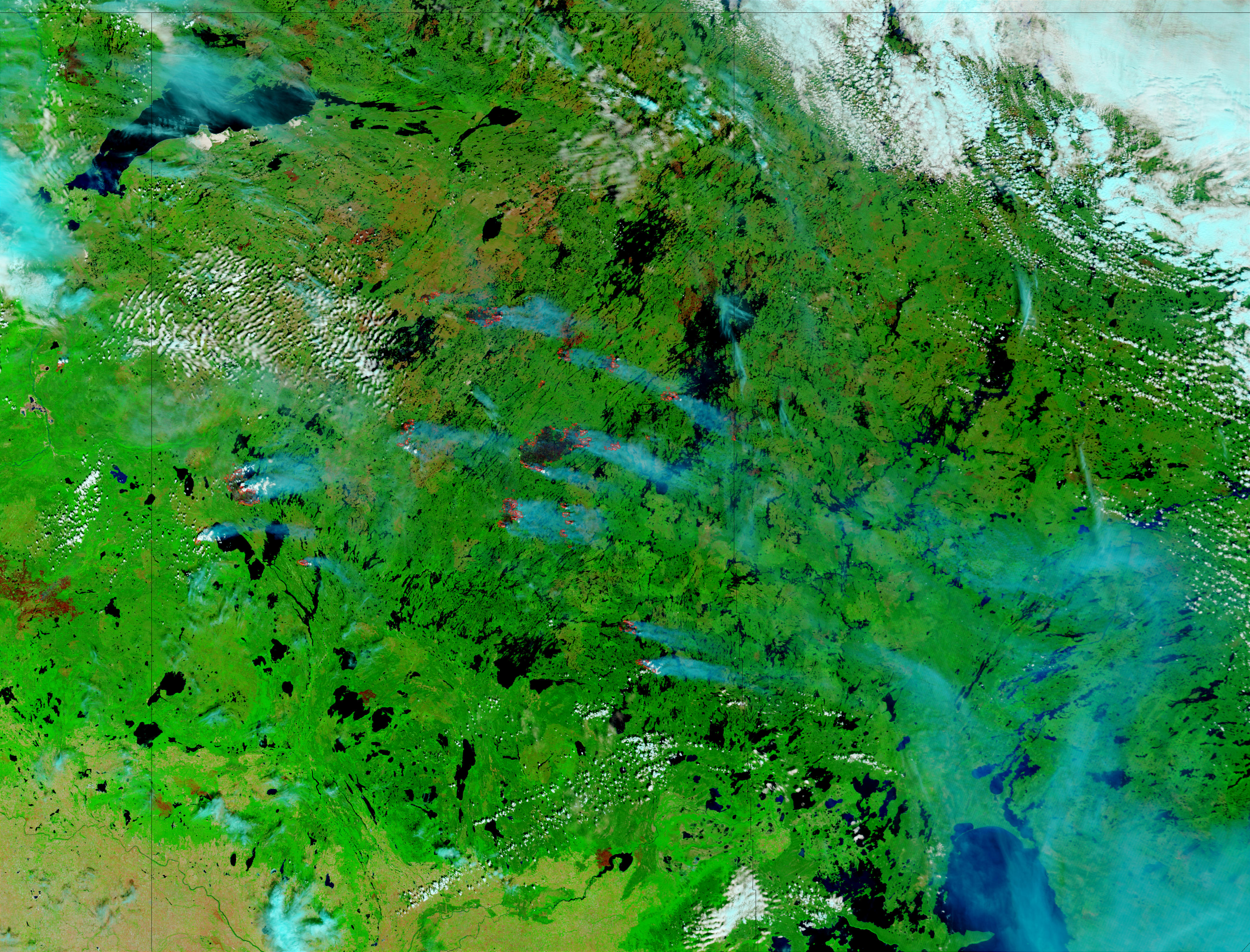 Wildfires and smoke in Saskatchewan, Canada (false color) - related image preview