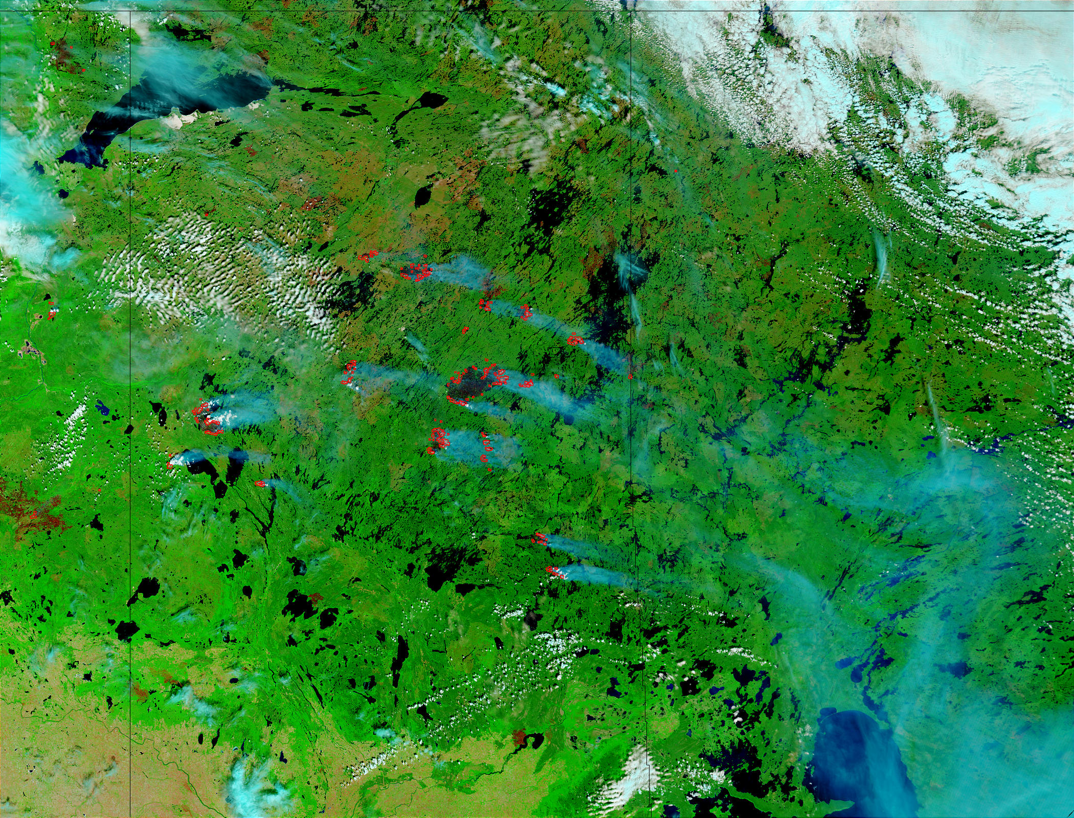 Wildfires and smoke in Saskatchewan, Canada (false color) - related image preview