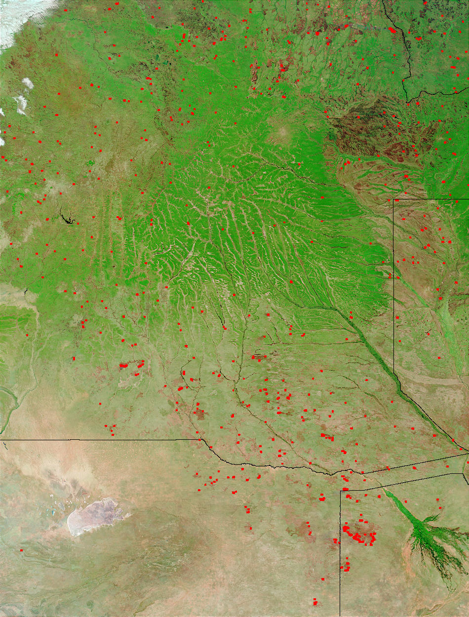 Fires and burn scars in Angola and Botswana (false color) - related image preview