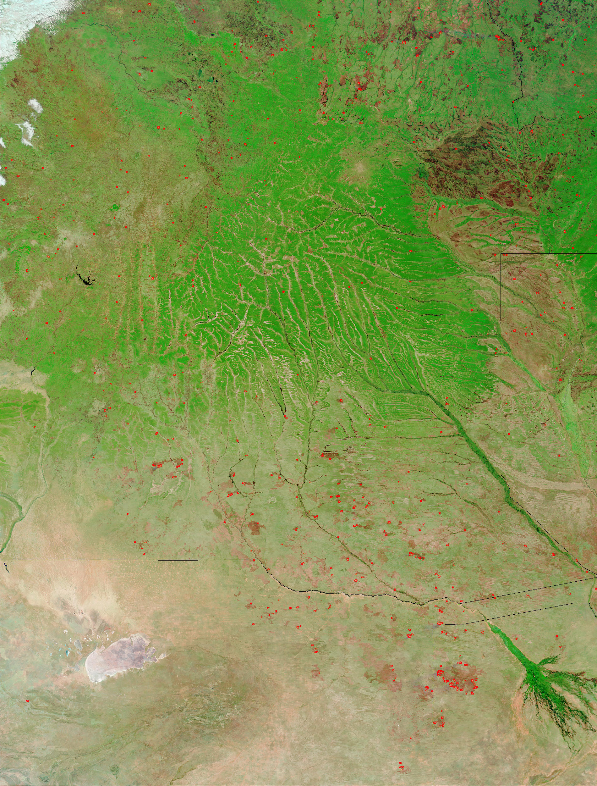 Fires and burn scars in Angola and Botswana (false color) - related image preview