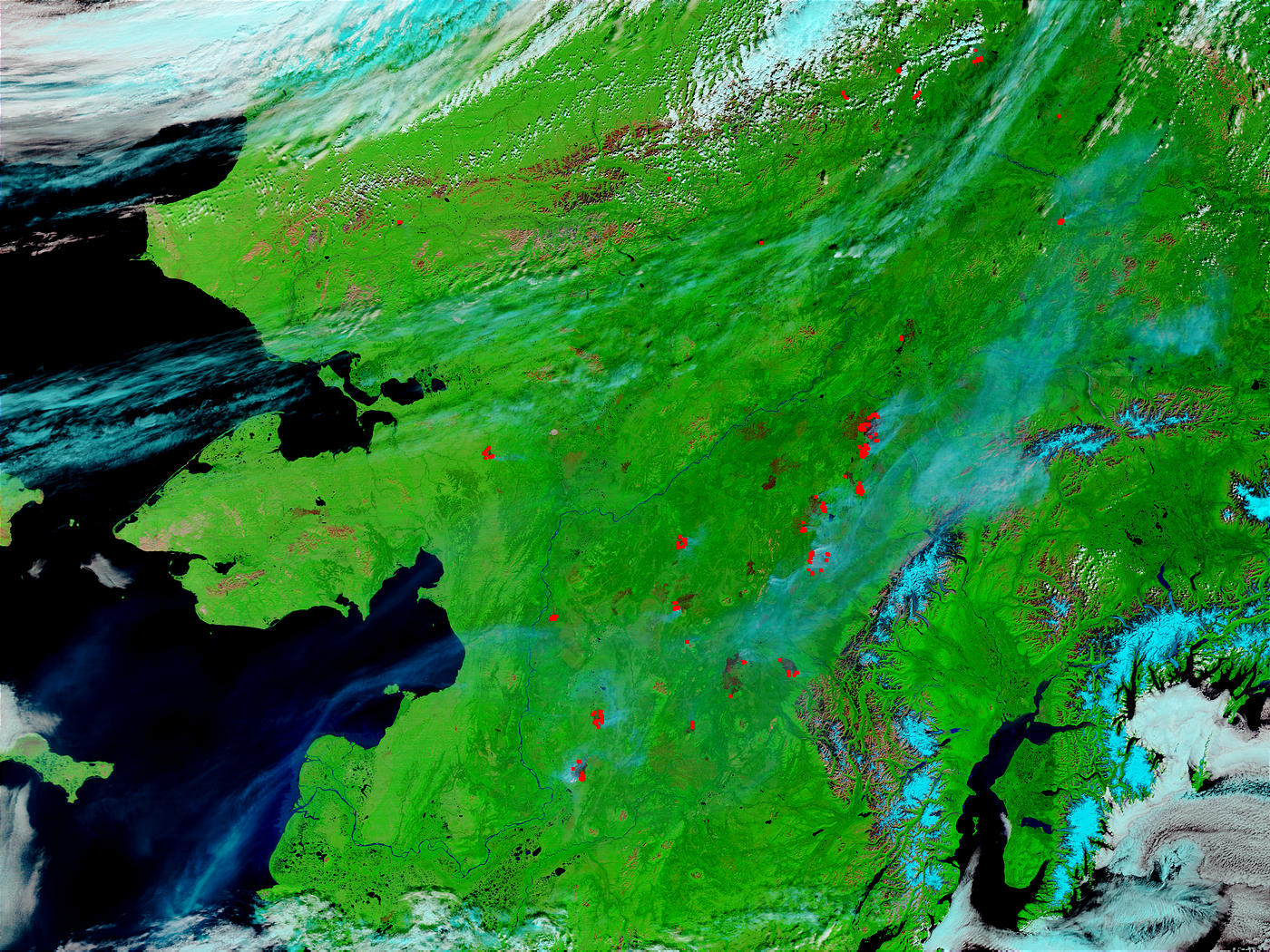 Fires, smoke, and burn scars in Alaska (false color) - related image preview