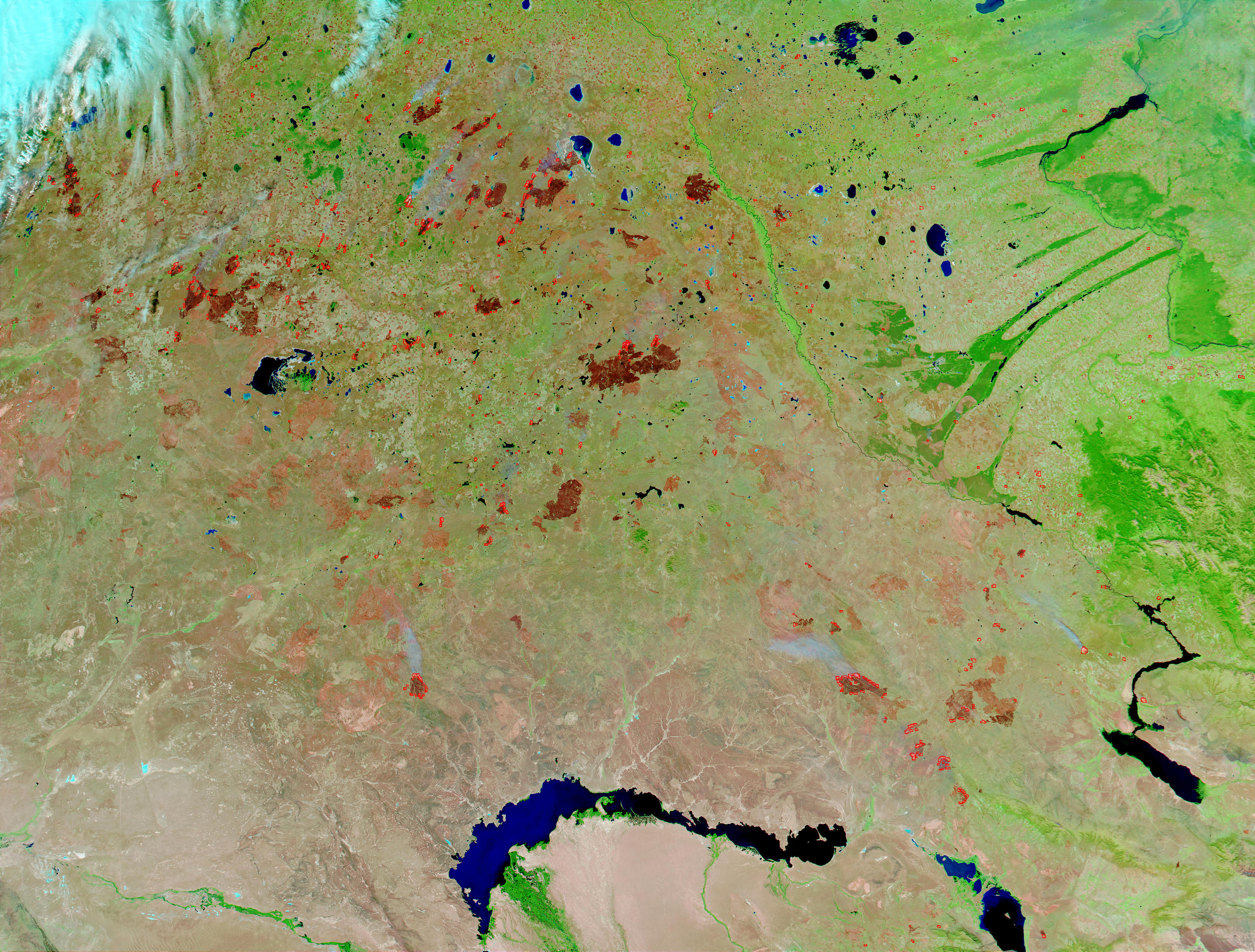 Fires and burn scars in Kazakhstan (false color) - related image preview